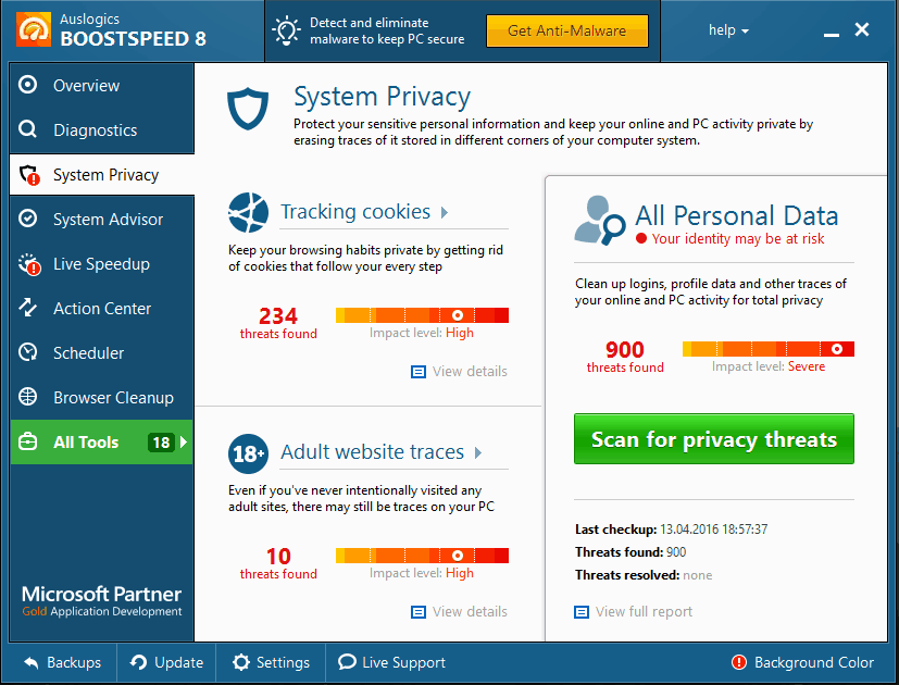 Приватность в Auslogics BoostSpeed